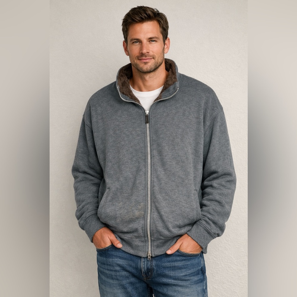 Tommy Hilfiger Charcoal Grey Zip-Up Sweater Jacket Sherpa Fleece Fur Lined XL